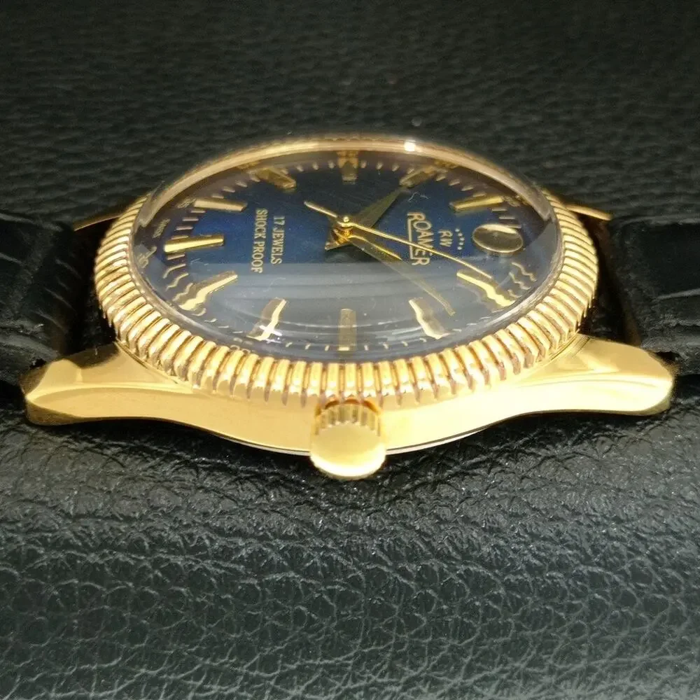 Vintage 1974 Roamer Manual Mens Gold Watch W/Leather Strap & Blue accents